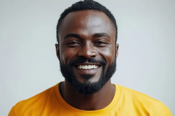 Obraz premium A smiling man with a beard wearing a yellow shirt against a light background.
