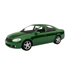 Obraz premium A digitally rendered image showcases a dark green four-door sedan against a stark white backdrop.