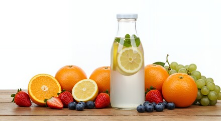 Lemon water in bottle and fresh fruits on wooden table against white background, space for text