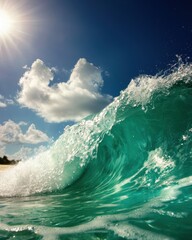Fototapeta premium A vibrant ocean wave splashes under a bright sun, with fluffy clouds in a clear blue sky, capturing the essence of a sunny beach day.
