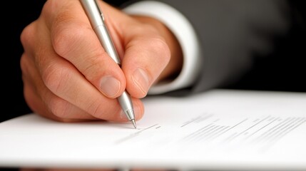 Fototapeta premium A close-up of a hand holding a pen, signing a document on a white sheet of paper, indicating a formal or professional process.