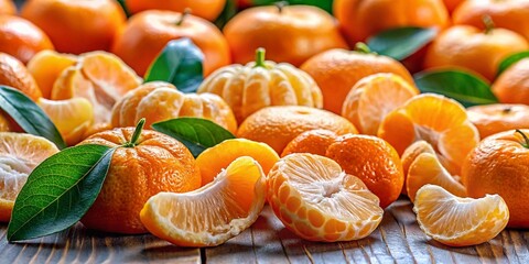 Panoramic View of Fresh Tangerine Segments, Juicy Citrus Fruit Pieces