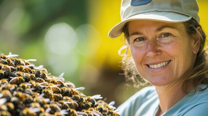 Beekeeper smiling while tending to a hive full of bees in a vibrant garden during daylight hours