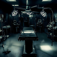 Empty Operating Room Awaits with Surgical Lights Illuminated and Equipment Ready