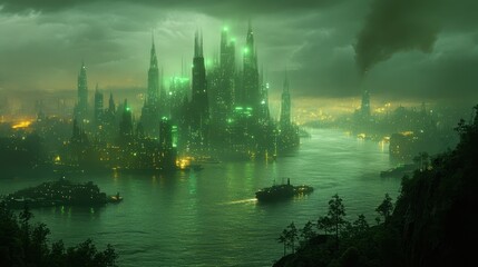 Naklejka premium Emerald City Night Ships sail past glowing futuristic island metropolis