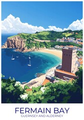 Fermain bay Guernsey and alderney Travel Poster Flat Illustration Print Decor Gift Canvas Wall Art Gift