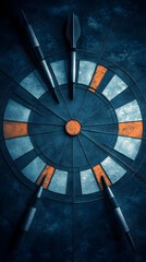Fototapeta premium Darts Hitting a Dark Blue and Orange Dartboard on a Textured Background Accurately