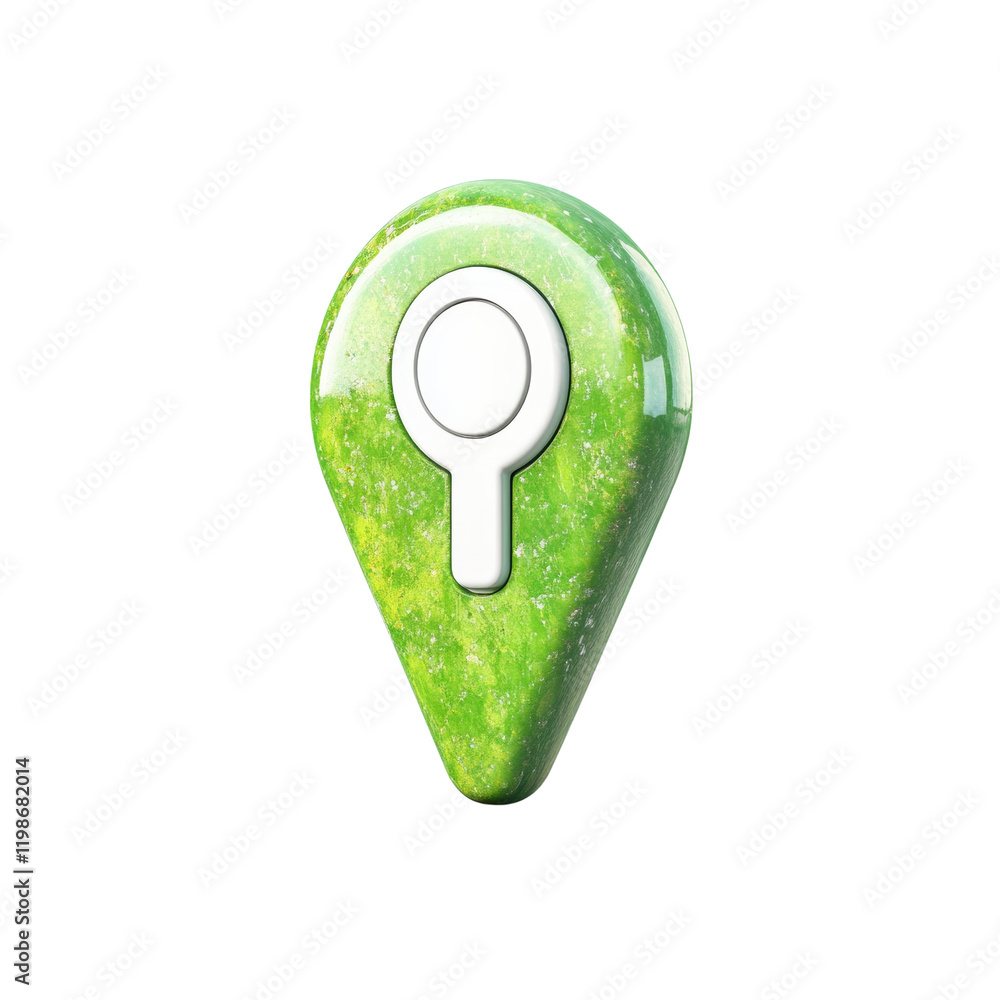 Poster a three dimensional green location marker icon with a white inner symbol is shown against a white ba