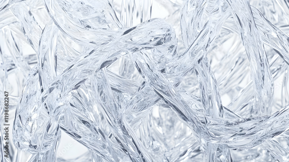 Poster abstract 3d render of intertwined clear glossy shapes flows smoothly and elegantly across a neutral 