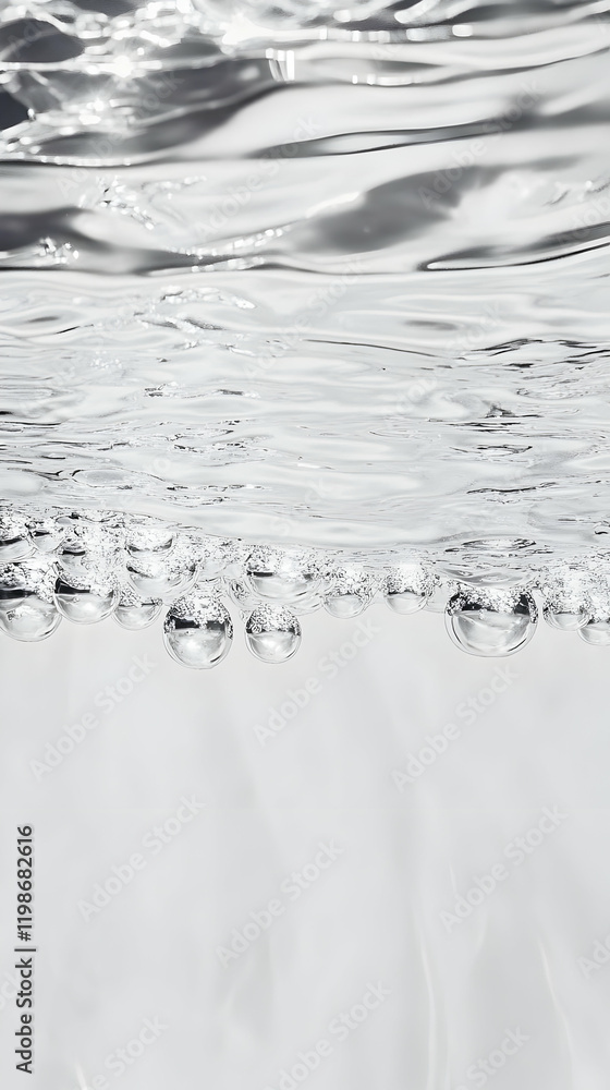 Poster close-up of clear water with bubbles forms a smooth, undulating surface with light reflections.