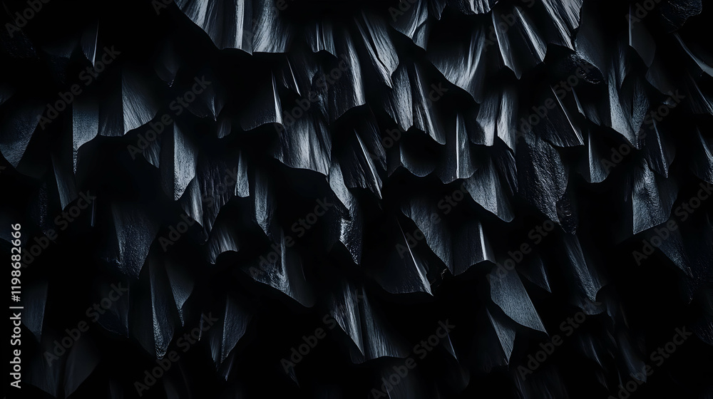 Poster dark textured surface forms intricate, layered patterns with subtle highlights