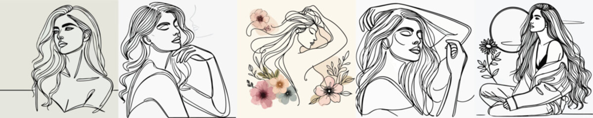 vector collection of female models with continuous line style