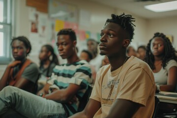 Obraz premium Students and educators engage in discussion in a modern classroom