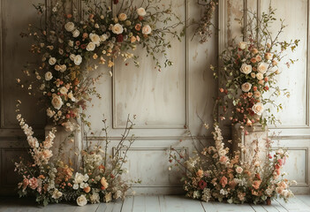 Romantic Floral Archway: A rustic-chic wedding backdrop featuring a stunning floral archway and flanking arrangements, bursting with creamy roses, delicate foliage, and earthy tones.
