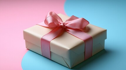Obraz premium A beautifully wrapped gift box with a pink ribbon on a two-tone background.