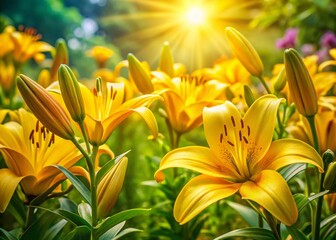 Panoramic View of Vibrant Yellow Lilies Blooming in a Sunny Garden