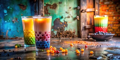 Obraz premium Urban Exploration Boba: Colorful Homemade Bubble Tea Photography