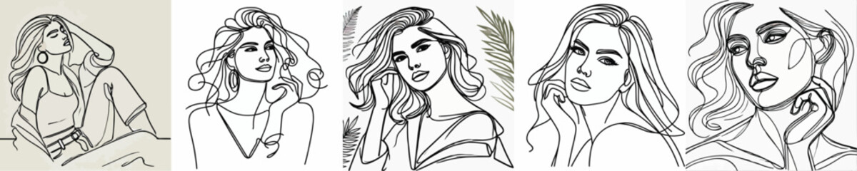 vector collection of female models with continuous line style