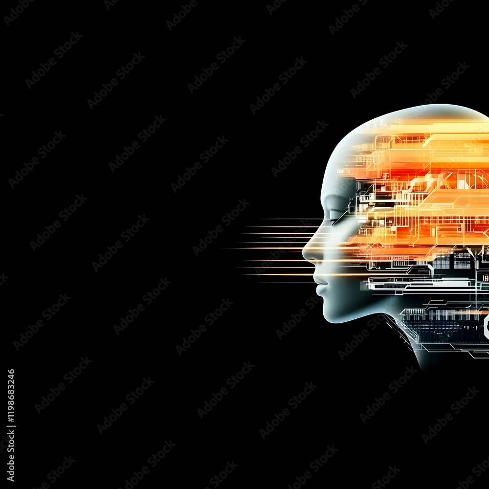 Poster abstract 3d head with circuitry and light beams on black background
