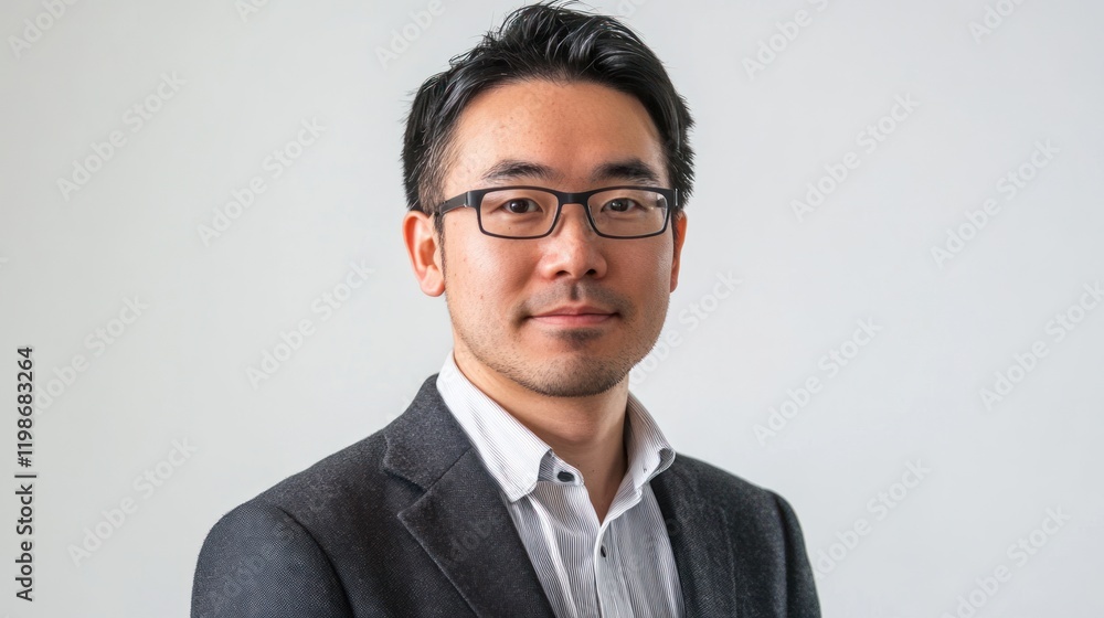 Poster portrait of an engineer in a professional setting on solid white background