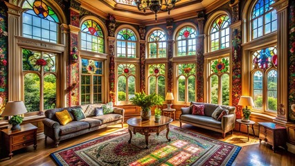 Panoramic View: Victorian House Interior Windows, Classic British Architecture, Sunlight Streaming Through