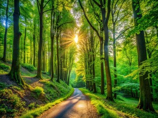 Obraz premium Panoramic View: Winding Path Through Lush Deciduous Forest