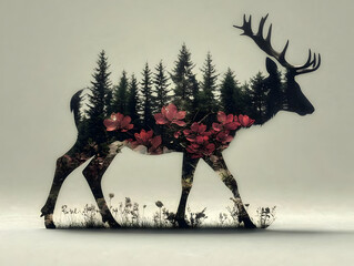 Majestic Deer Silhouette Merges with Forest, Flowers, and Field in Double Exposure