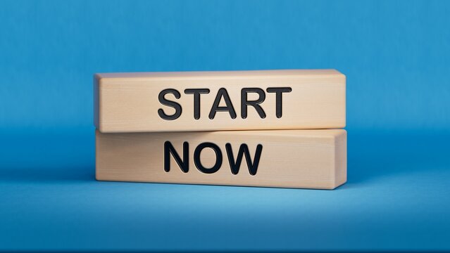 Start now symbol. Concept words Start now on wooden stick.Business marketing, motivational start now concept. Copy space.3D rendering on blue background.