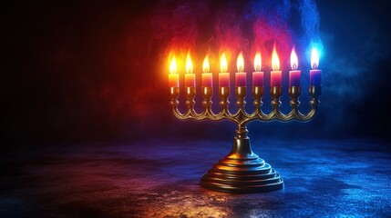 Fototapeta premium A beautifully lit menorah with vibrant flames against a smoky background.