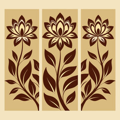 Three panels with stylized, dark brown floral designs on a light beige background, resembling minimalist wall art on a white background