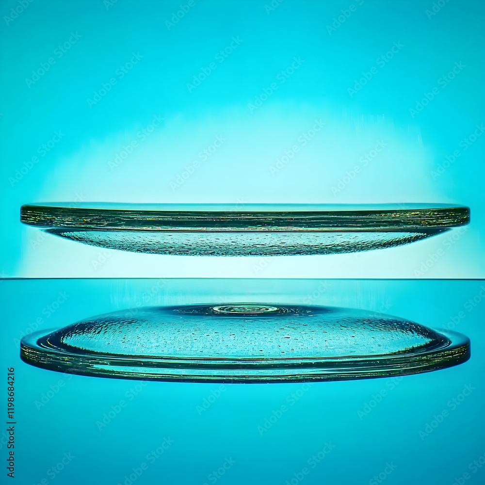 Poster glass plates float and reflect on a tranquil turquoise water surface, creating a serene and minimali