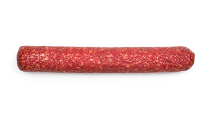 One whole smoked sausage on a white background. Close-up of sausage.