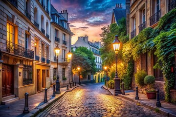 Fototapeta premium Parisian Street at Night, Oil Painting Style, City Lights, Dreamy, Ethereal