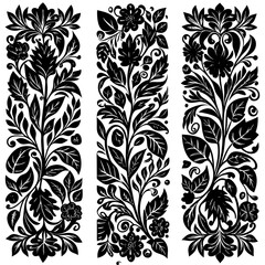 Three vertical panels filled with dense, stylized black floral and leaf patterns 