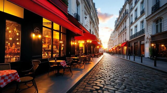Charming Parisian street with outdoor cafe seating at sunset.