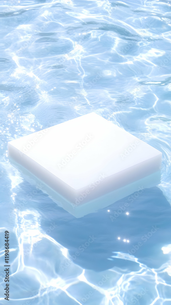 Poster empty white square platform floats gently on the surface of clear blue water, creating a serene scen