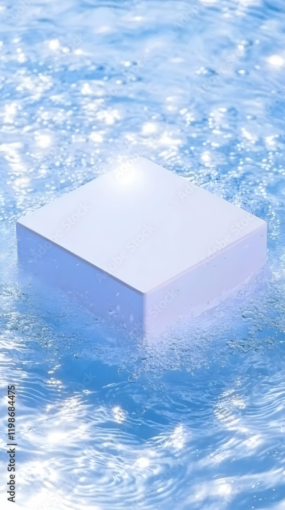 Poster empty white cube podium floating in sparkling blue water creates a serene scene for product display