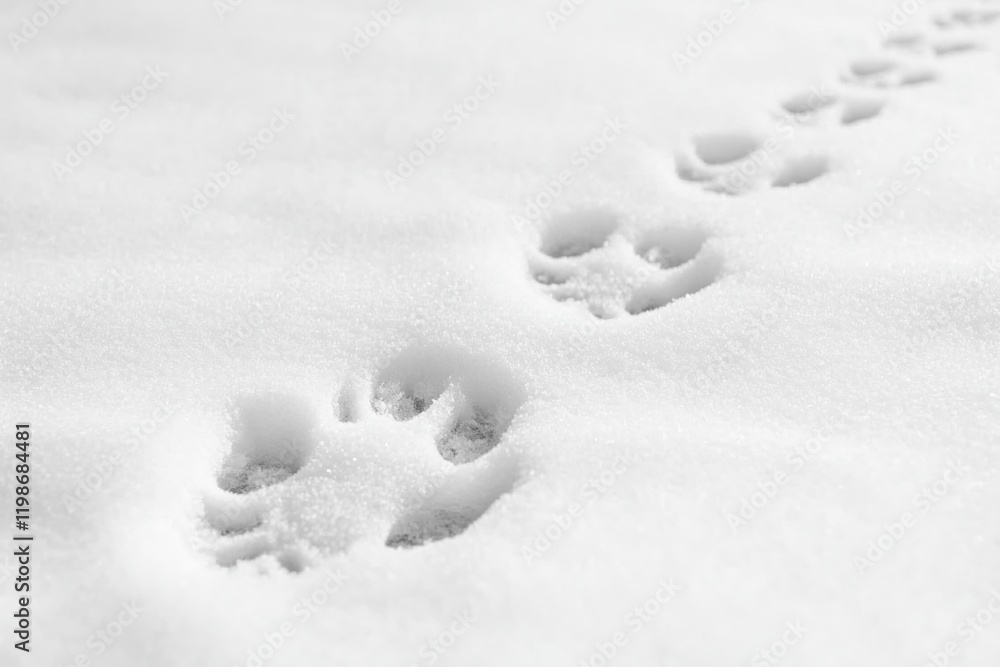 Poster wolf pack hierarchy concept. paw prints in fresh snow creating a serene winter scene.