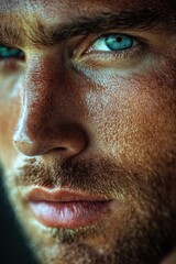Fototapeta premium Close-up portrait highlighting a man's blue eyes and facial features