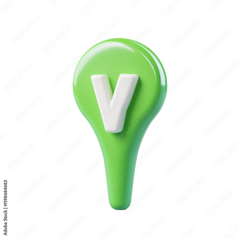 Poster a 3d rendered image of a green map pin with a white letter v in the center against a white backgroun