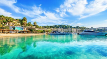 Obraz premium Coastal resort with yachts and palm trees