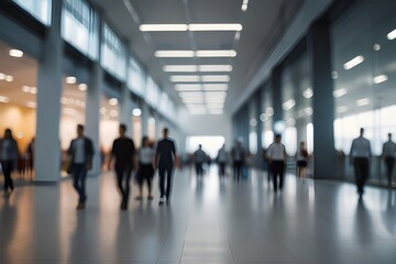 Blurred defocused bokeh background of exhibition hall or convention center hallway. Business trade show modern white interior architecture. Abstract blur modern business office ... Generative AI