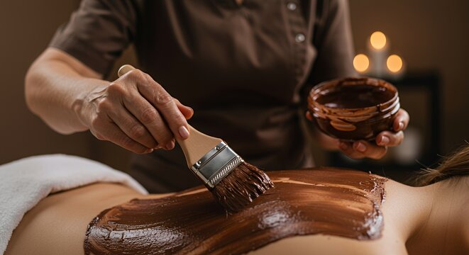 Chocolate body wrap. Spa worker applying mask onto woman's back in salon, closeup