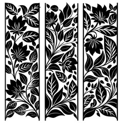 Three vertical panels filled with dense, stylized black floral and leaf patterns on a white background