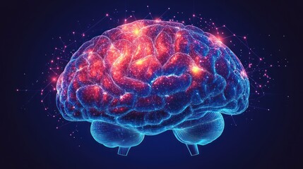 Glowing digital brain, neural network, dark background, medical concept