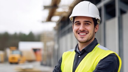Smiling male engineer at a construction site on solid white background