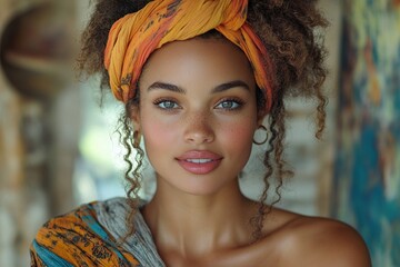 A portrait of a young woman with curly hair and a vibrant headscarf, exuding confidence and beauty.