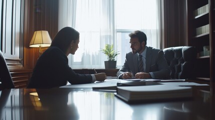 Obraz premium Legal consultation in progress: Lawyer discussing case files with a client in a professional office setting. Legal, professional, communication, guidance.