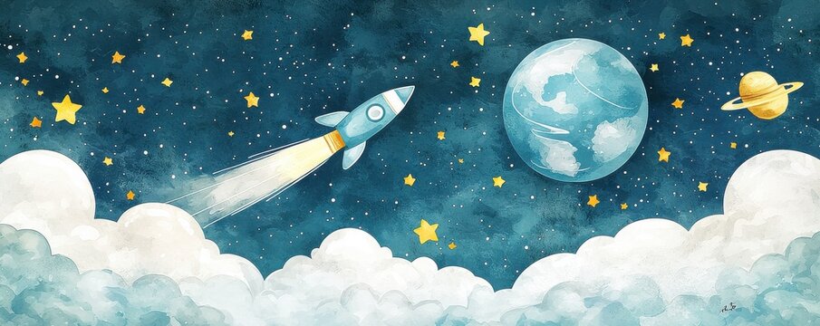 Cute cartoon-style space adventure with rocket and planets