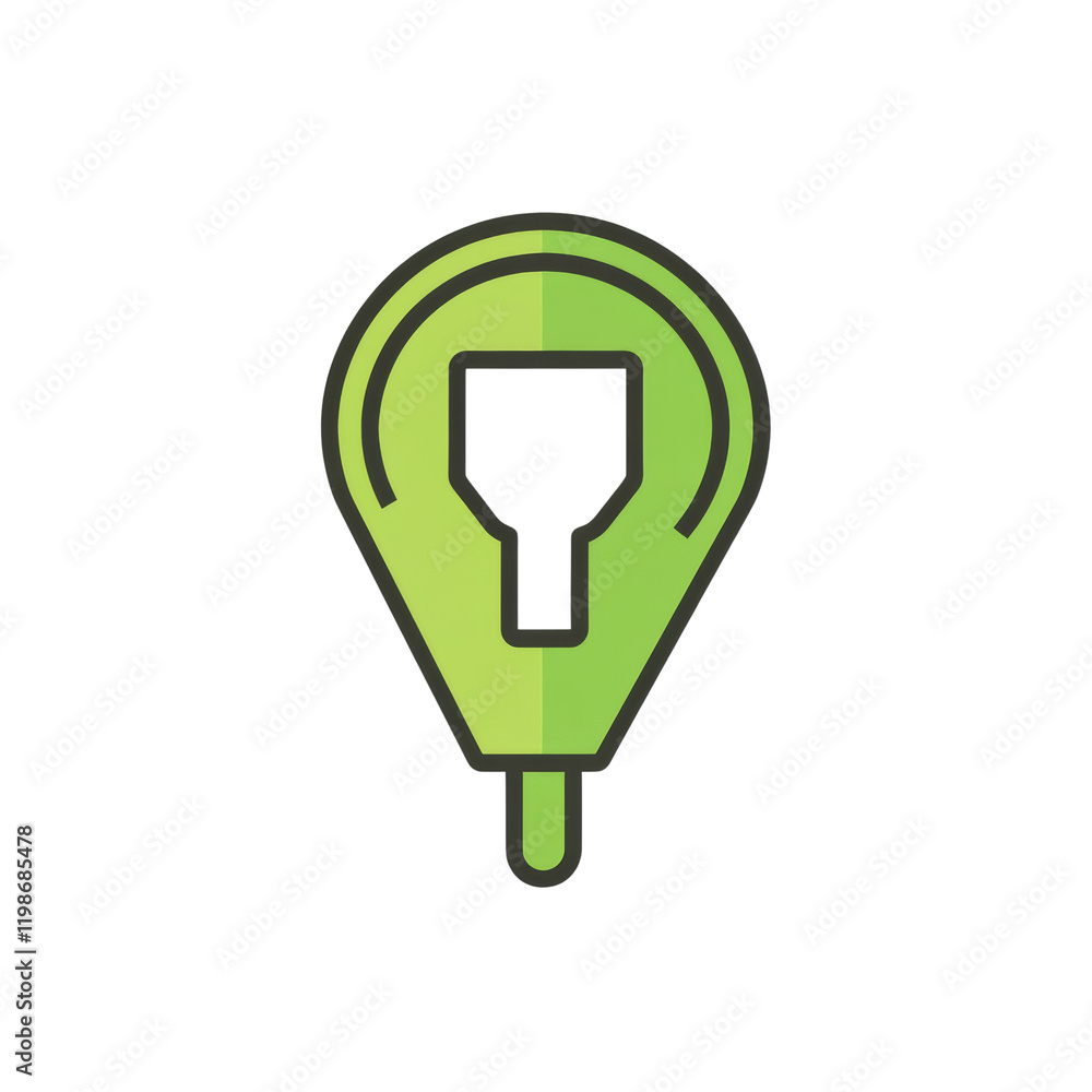 Poster a green map pin icon depicting a parking meter signifying available parking spaces.